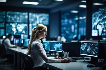 A Woman at the Desk in a Surveillance Center. Office For Cyber Security. NASA Office. A woman at Work. Data Analysis, Network Security.