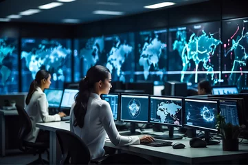 Foto auf Acrylglas Antireflex A Woman at the Desk in a Surveillance Center. Office For Cyber Security. NASA Office. A woman at Work. Data Analysis, Network Security. © Radovan