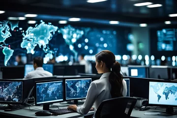 Papier Peint photo Nasa A Woman at the Desk in a Surveillance Center. Office For Cyber Security. NASA Office. A woman at Work. Data Analysis, Network Security.