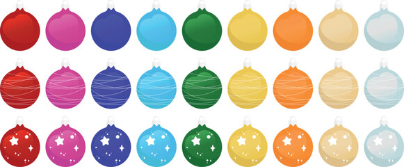 Colorful Christmas balls with patterns in the form of lines and stars for decorating New Year cards isolated on a white background