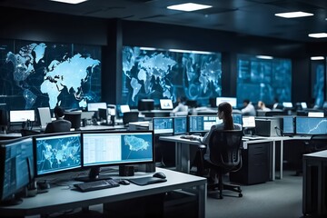 A Woman at the Desk in a Surveillance Center. Office For Cyber Security. NASA Office. A woman at Work. Data Analysis, Network Security. - obrazy, fototapety, plakaty