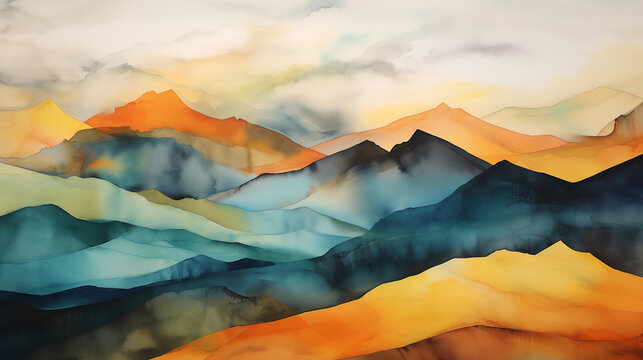 Captivating watercolor painting depicting a range of mountains in a fusion of orange, blue, and green hues with a smoky overlay, suggesting a mystical and atmospheric landscape full of depth and