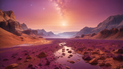 Naklejka premium A captivating oil painting that envisions a science fiction-inspired Mars landscape - AI Generative