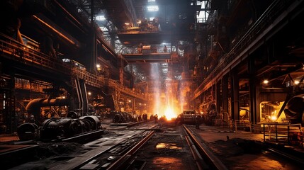 Interior of a steel mill, production of steel structural elements, metallurgical industry - obrazy, fototapety, plakaty
