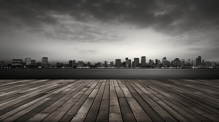 Large wooden dock - cityscape - old boards - black and white - monochrome - dark cloudy day 