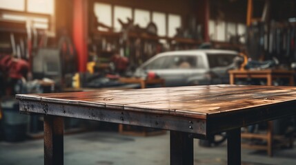 Obraz premium Empty table in car repair shop, car repair items, workshop with tools