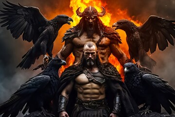 Fototapeta premium Jarovid Slavic God of War, Fire, Ferocity, and Anger with two Ravens. Fallen Angel Of War.