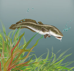 illustration d'un poisson lotte qui nage dans l'eau limpide avec des algues