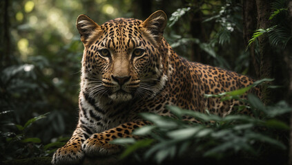 A Leopard camouflaged within the branches of a dense rainforest - AI Generative