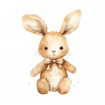 Adorable Bunny Rabbit Vintage Toy watercolor illustration. AI generated