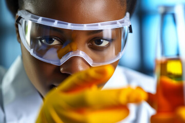 Afro-American Female Technician with Protective Goggles in Laboratory - Close-up, Eyes, Safety Equipment. Generative AI.