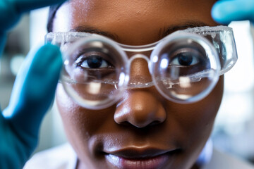 Close-up View of Black Woman with Detailed Focus on Pretty Eyes Behind Safety Glasses at Work. Generative AI.