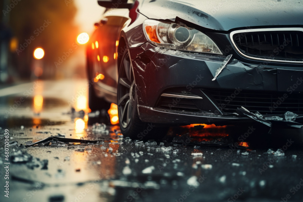 Poster broken car in an accident. crash on the road. background with selective focus and copy space