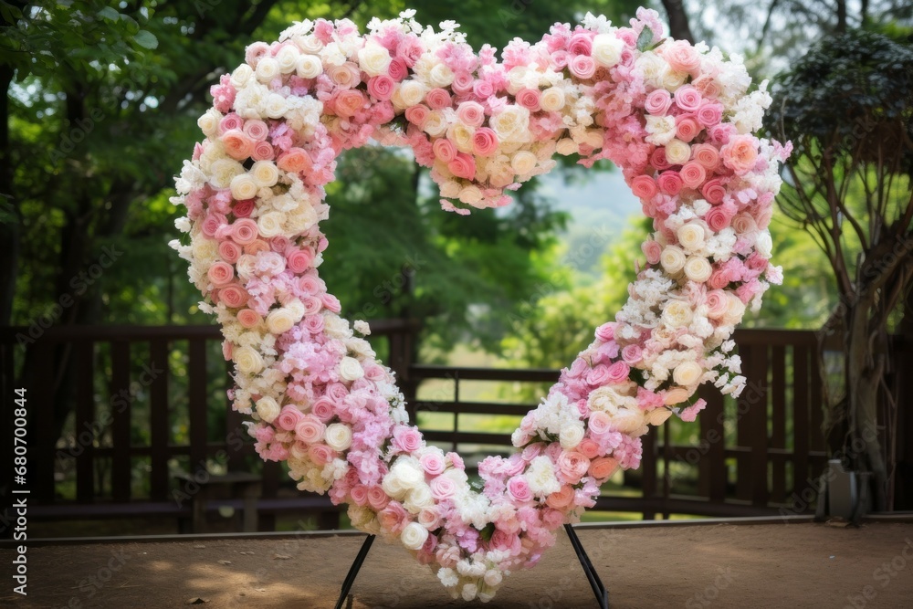 Poster decoration of flowers in the shape of a heart. background with selective focus and copy space for te