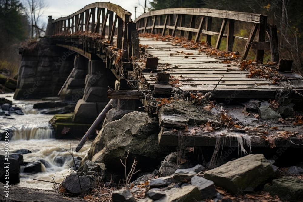 Poster destroyed bridge. background with selective focus and copy space for text