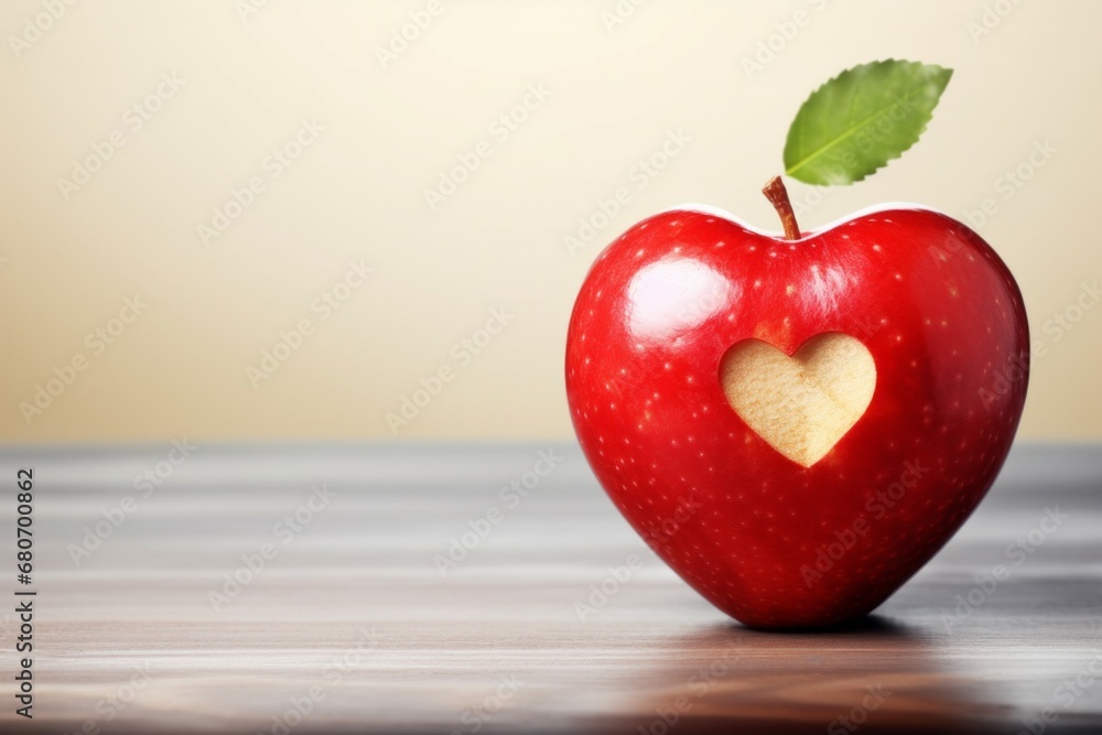 Poster red apple with heart shape. background with selective focus and copy space
