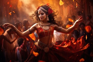Fototapeta na wymiar Spirit of celebration: An exuberant dance in traditional attire, wrapped in golden light.