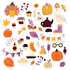 Thanksgiving theme set of items and symbols autumn. Colorful, bright vector handmade . All objects are separated. Vector illustration