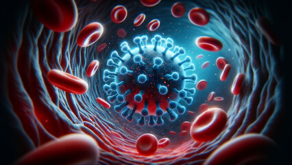 3D illustration of virus in bloodstream, microscopic view of virus among red blood cells, virus particle flowing through a blood vessel, medical healthcare concept