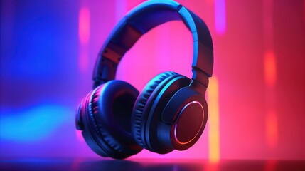 Fototapeta na wymiar 3d rendering of black headphones on colorful background. Music concept
