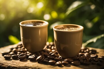 Two cups of coffee in the sun. Roasted Coffee Beans Spilled around Coffee Cups.