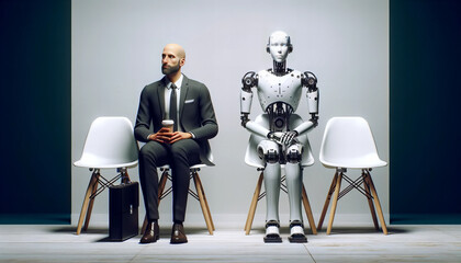Man and AI robot waiting for a job interview: AI vs human competition - obrazy, fototapety, plakaty