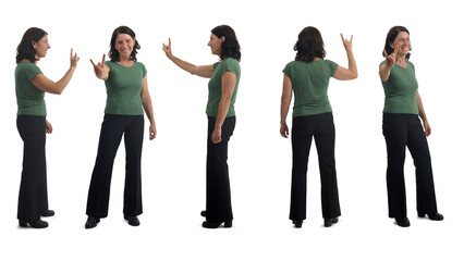 various poses of a woman showing the horns sign with fingers on white background