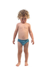 full length portrait of angry little boy in underpants on white background (3 years old)