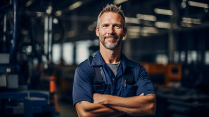 Obraz premium copy space, stockphoto, Portrait of a proud, hardworking factory worker, embodying dedication and confidence in a manufacturing environment. Portrait of a bleu-collar working in an industrial setting.