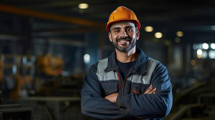 copy space, stockphoto, Portrait of a proud, hardworking factory worker, embodying dedication and confidence in a manufacturing environment. Portrait of a bleu-collar working in an industrial setting.