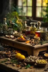 Wooden Table Full of Natural Remedies, Teas, Elixirs, and Life-Saving Plants. Traditional Medicine. Organic Fruits and Vegetables. Organic Food. Bio Food. Medicinal Plants.