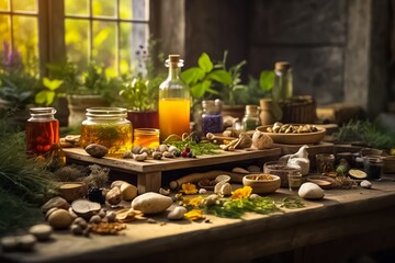 Wooden Table Full of Natural Remedies, Teas, Elixirs, and Life-Saving Plants. Traditional Medicine. Organic Fruits and Vegetables. Organic Food. Bio Food. Medicinal Plants.
