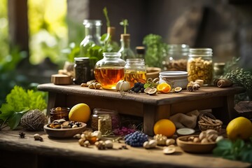 Wooden Table Full of Natural Remedies, Teas, Elixirs, and Life-Saving Plants. Traditional Medicine. Organic Fruits and Vegetables. Organic Food. Bio Food