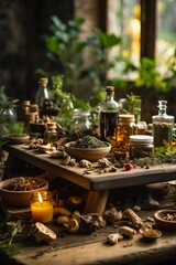 Fototapeta na wymiar Wooden Table Full of Natural Remedies, Teas, Elixirs, and Life-Saving Plants. Traditional Medicine. Organic Fruits and Vegetables. Organic Food. Bio Food