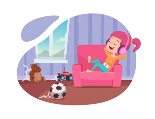 Lazy girl. Character relax on sofa in messy room interior. Vector template