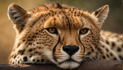 Fototapeta premium A resting Cheetah, showcasing its distinctive tear tracks and the delicate spots on its fur - AI Generative