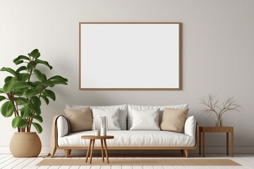 Empty picture and poster frame hanging on the wall in a cozy living room. Blank Mock-Up for product presentation created with Generative AI