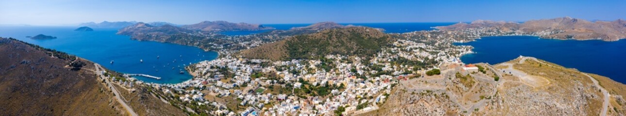 Fototapeta na wymiar Picturesque village of Agia Marina, windmills and castle of Panteli in Leros island, Greece
