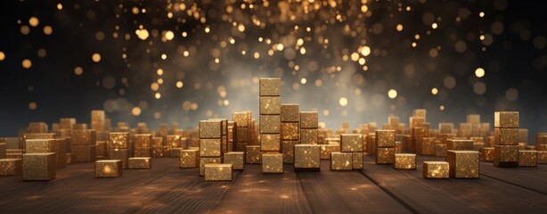 A Shimmering Display of Golden Cubes on a Rustic Wooden Floor