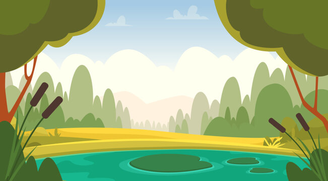 Pool forest. Cartoon background of beautiful pond and trees. vector template