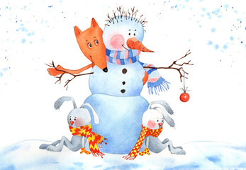 Hares and foxes made a snowman. Watercolor illustration.