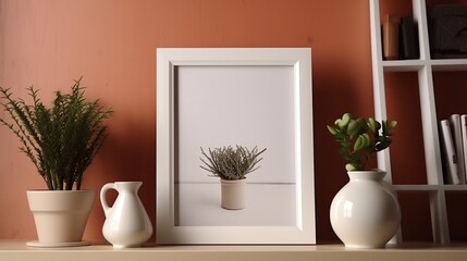 Mock up poster frame, vase with spring flowers in the interior. 3d rendering