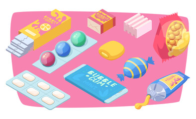 Bubble gum. Colored candies and round gum exact vector delicious junk food for kids