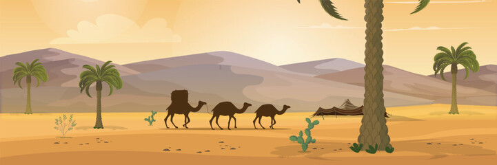  illustration with desert scenery beautiful bright sky on the desert with camel, dates tree and caravan. vector illustration