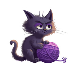 Obraz premium Mischievous Grey Kitten Playing With a Ball Of Purple Yarn