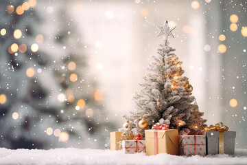 Obraz premium Christmas decorations and gifts on a festive background, capturing the essence of joyful celebrations.