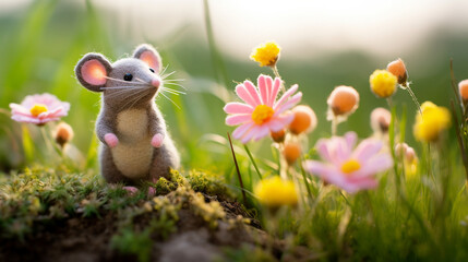 Handmade DIY figurine, cute crafted wool felt mouse on a colorful blooming flower meadow - obrazy, fototapety, plakaty