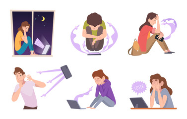 Cyberbullying. Victim of online violence social hate people exact vector cyberbullying concept illustrations
