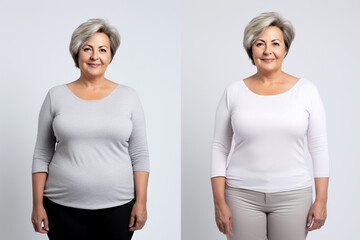 Mature overweight woman before and after slimming. Weight loss as a result of diet, liposuction, healthy lifestyle.  - obrazy, fototapety, plakaty