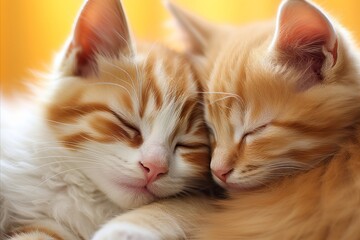 Two adorable fluffy kittens sleep, cuddling each other.
